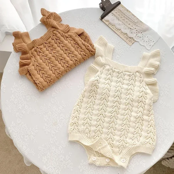 Autumn Spring Children Clothes Toddler Baby Girl Romper Sleeveless Solid Color Hollowed Out Knitting Infant Baby Girls Jumpsuit