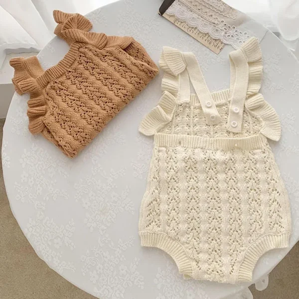 Autumn Spring Children Clothes Toddler Baby Girl Romper Sleeveless Solid Color Hollowed Out Knitting Infant Baby Girls Jumpsuit