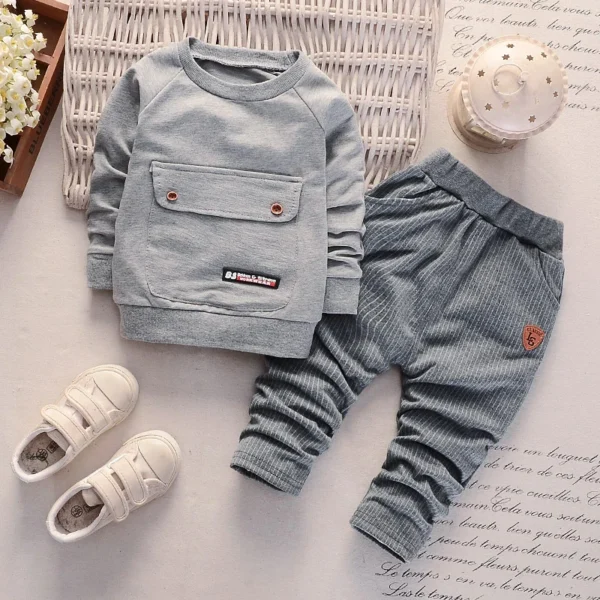 2PCS Baby Long Sleeve Set Baby Solid Large Pocket Fashion Vertical Stripe Pants
