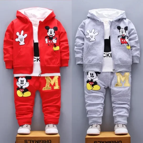 Boys Spring & Autumn Mickey 3-Piece Casual Sportswear Set - Cotton Hooded Coat, T-Shirt, Pants
